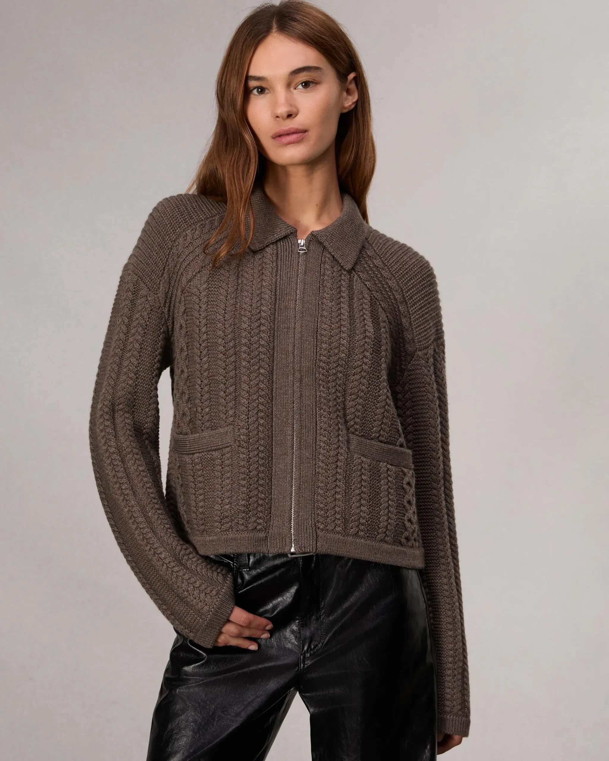 rag & bone Kerry Cable-Knit Cardigan Brown Hot